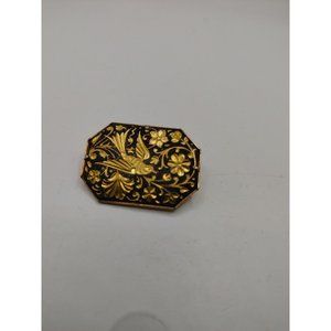 Bird & Floral Damascene Gold Tone Pin Brooch